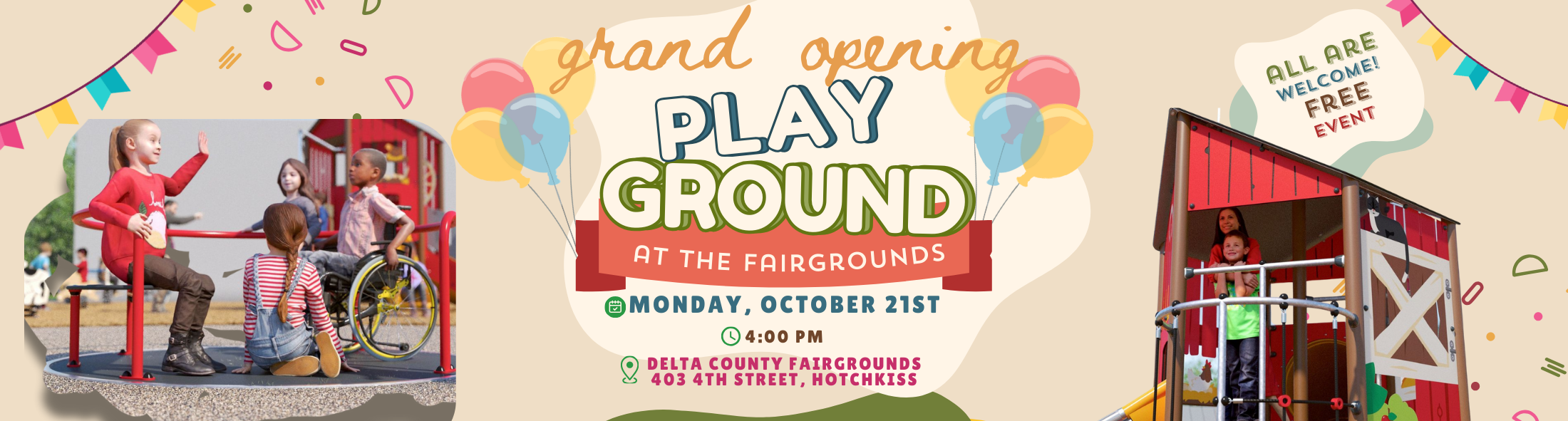 Playground Ground Opening Oct 21st, Delta Fairgrounds @ 4 pm, Free to all, Food and Fun!