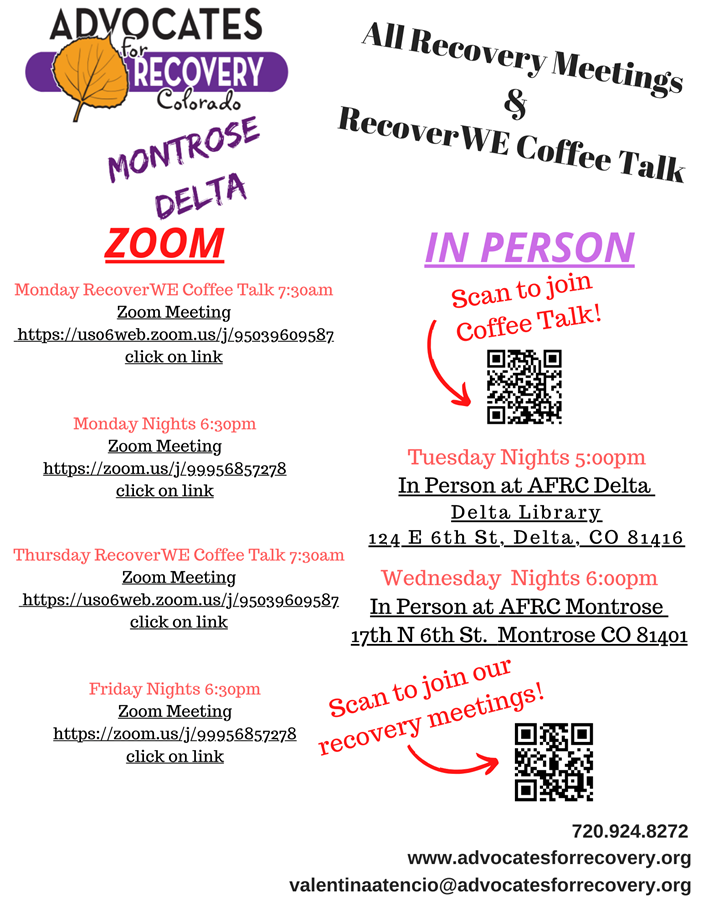 Montrose and Delta Advocates for Recovery schedule flyer for 2026