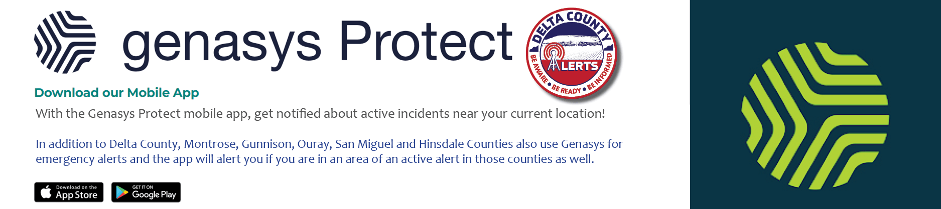 Genasys Protect logo and Delta County Alerts logo with promo text to download app.