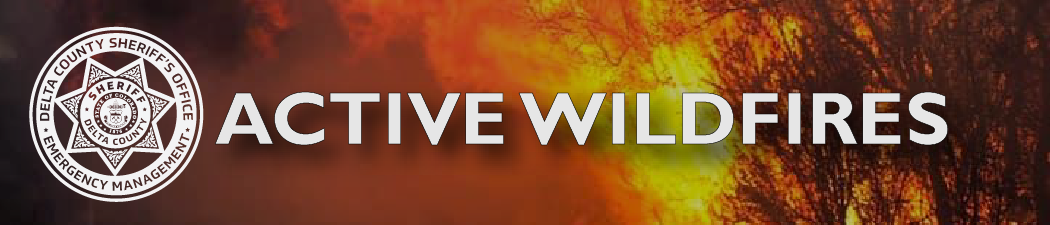 Wildfire image with active flames overlaid by Emergency Management logo and text Active Wildfires 